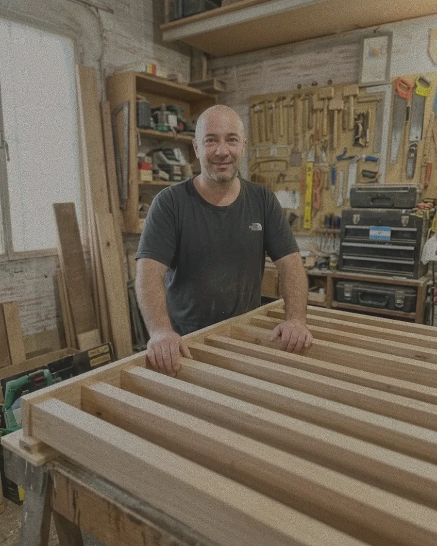 Un carpintero junto a una estructura de madera en su taller.
